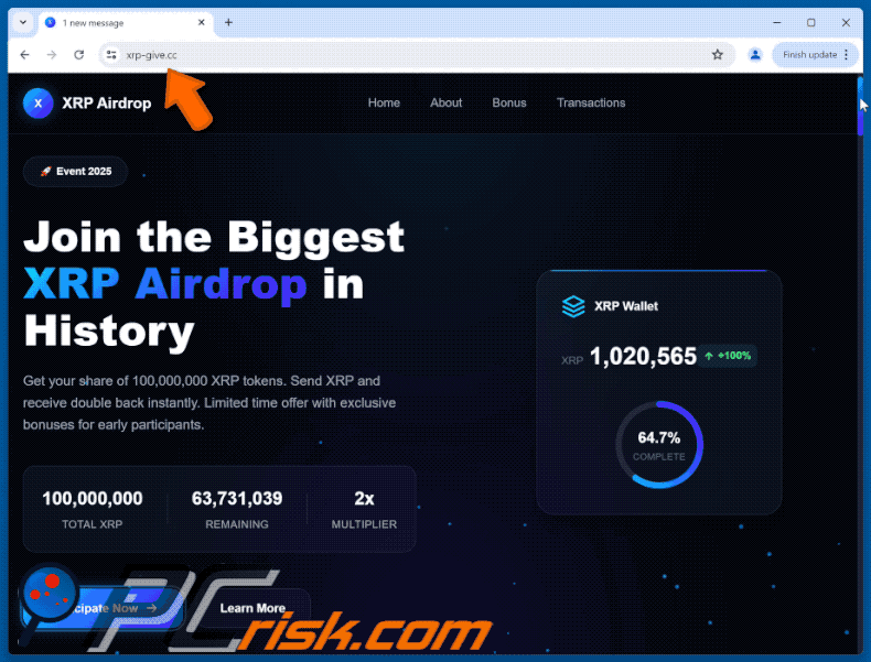 Verschijning van de valse Ripple (XRP) Airdrop website (GIF)