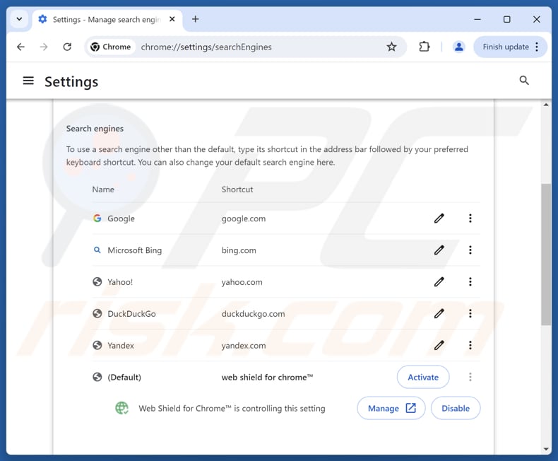 Service.webshieldhub.com verwijderen uit de standaardzoekmachine van Google Chrome