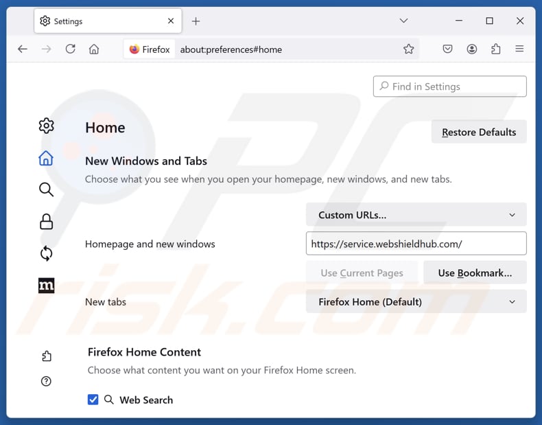 Service.webshieldhub.com verwijderen van de startpagina van Mozilla Firefox