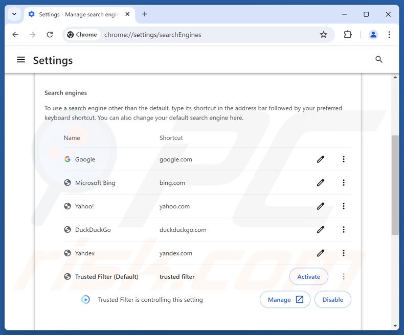 Removing trustedfiltersearch.com from Google Chrome default search engine