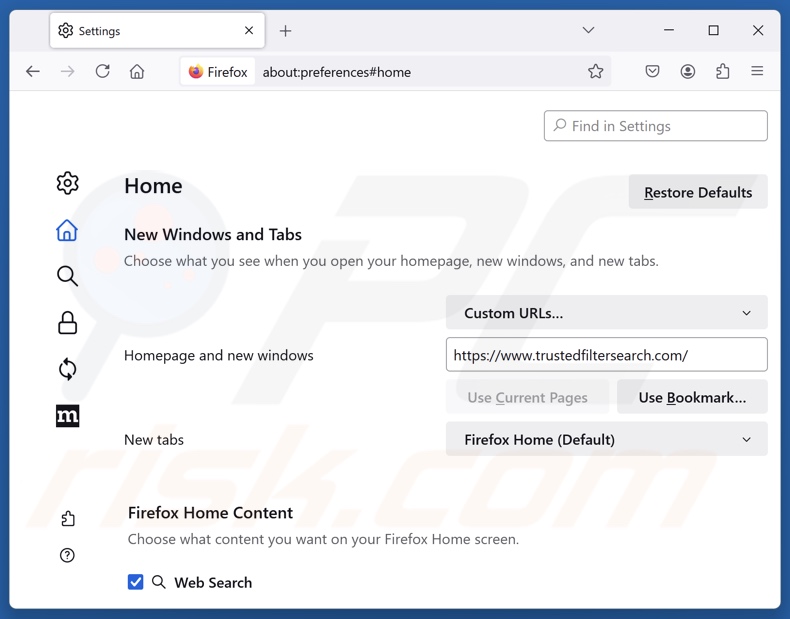 Removing trustedfiltersearch.com from Mozilla Firefox homepage
