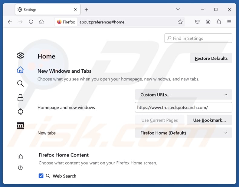 Trustedspotsearch.com verwijderen van de startpagina van Mozilla Firefox