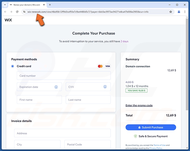Wix Subscription Expiration frauduleuze e-mail promootte phishing-website