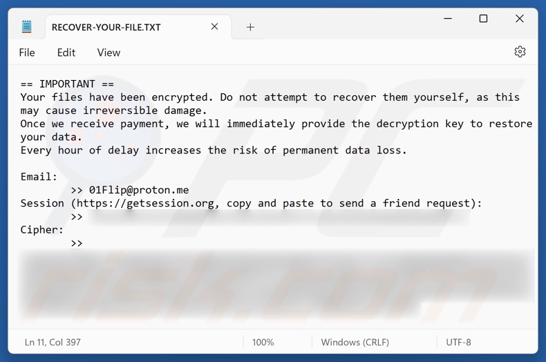01Flip ransomware losgeldbrief (RECOVER-YOUR-FILE.TXT)