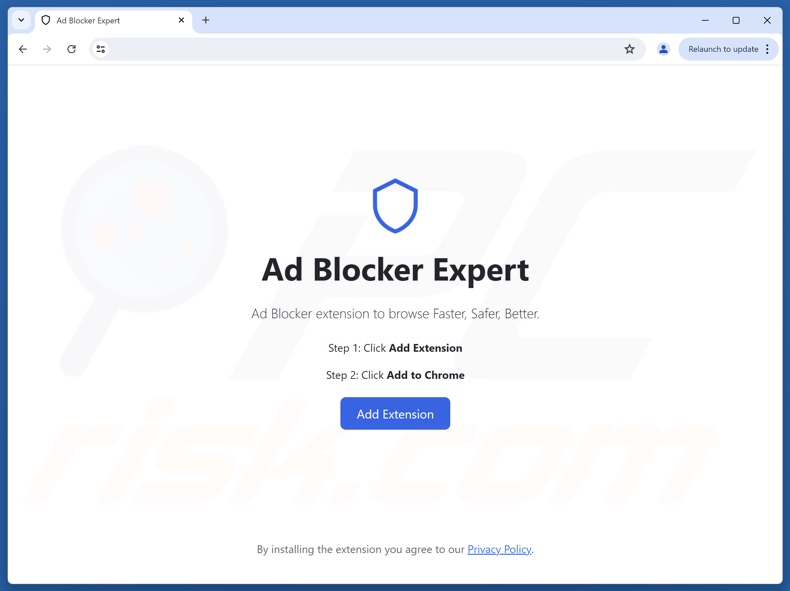 Oplichtingswebsite die AdBlocker Expert adware promoot