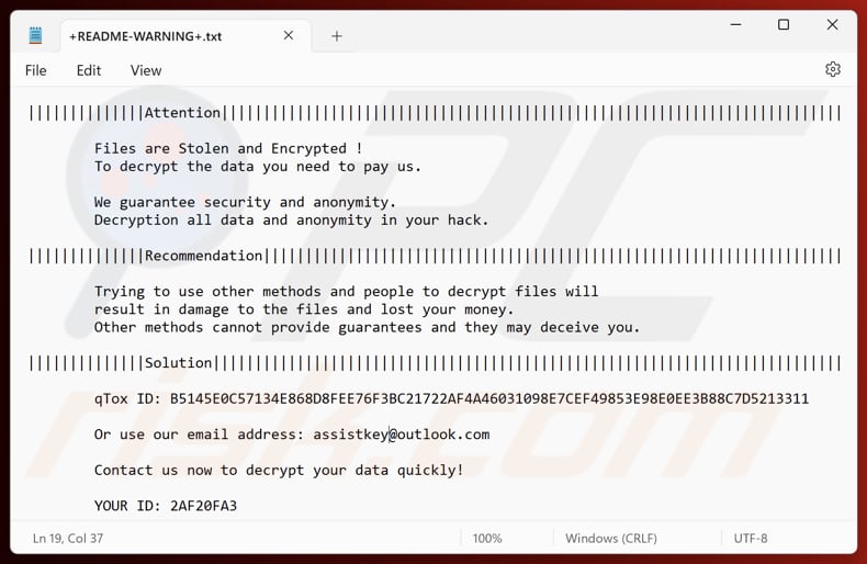 Asyl ransomware tekstbestand (+README-WARNING+.txt)