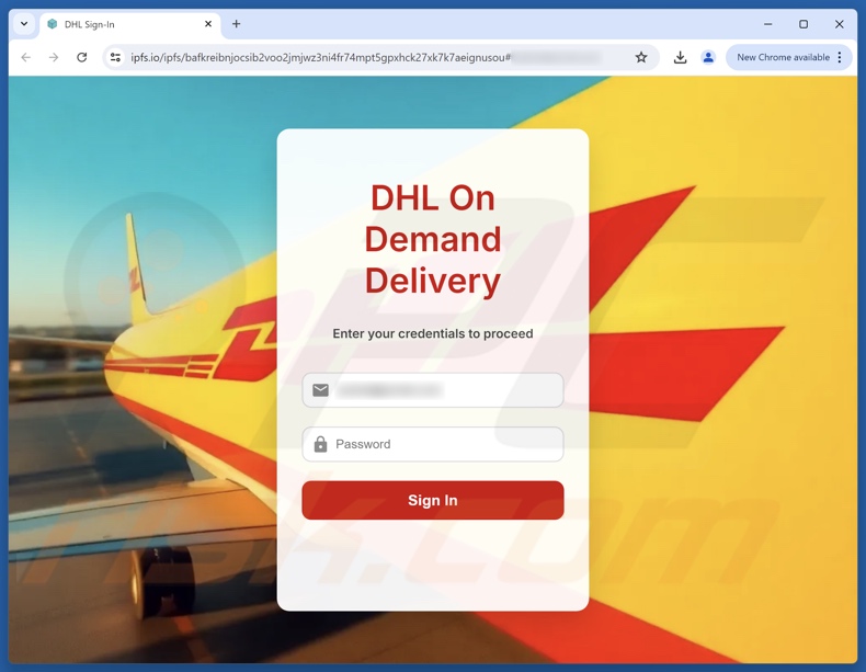 DHL Express - Incoming Package Arrival Notification frauduleuze e-mail promootte phishing website