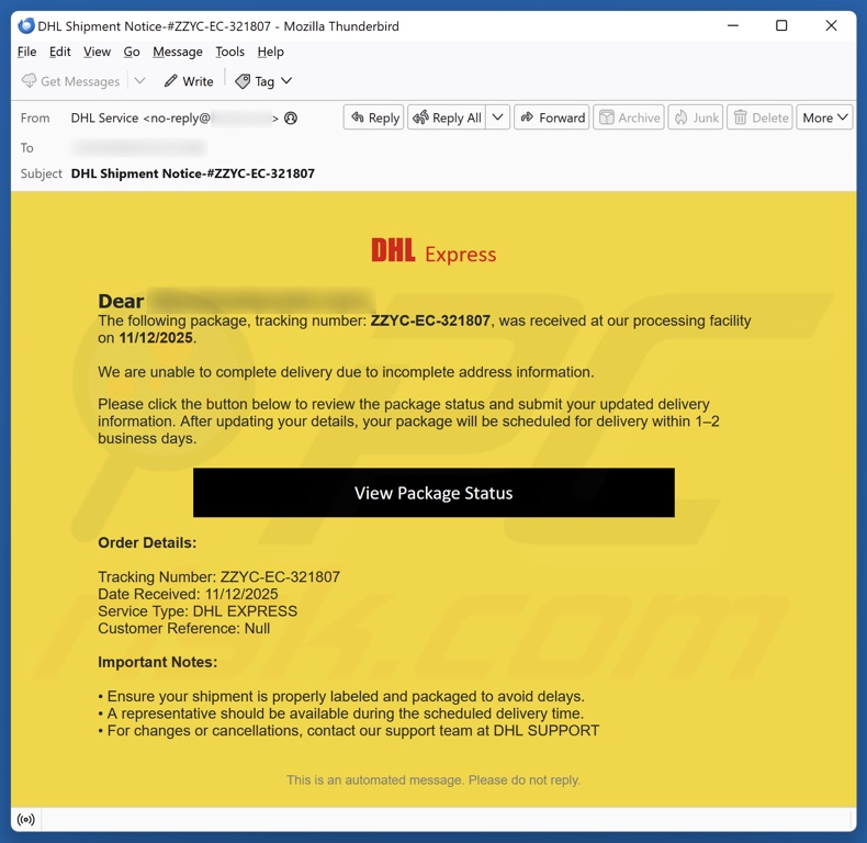 DHL Express - Incomplete Address Information email spam campagne