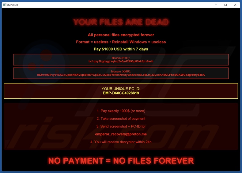 Emperor ransomware losgeldbrief (pop-up)