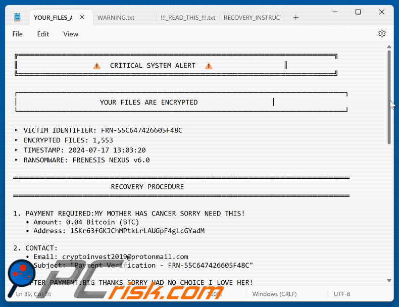 Frenesis Nexus Ransomware losgeldbrief (YOUR_FILES_ARE_ENCRYPTED.txt)