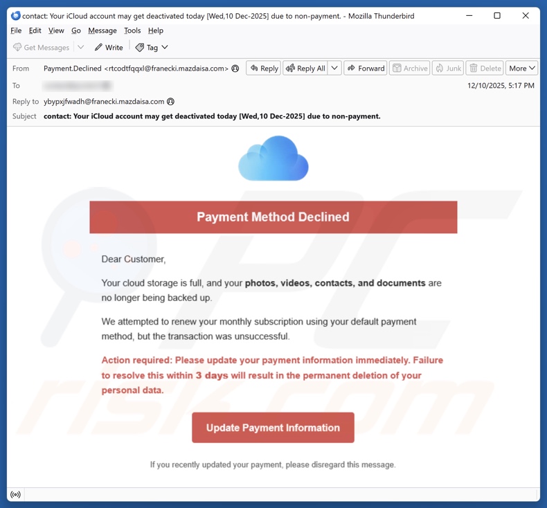 iCloud Payment Method Declined email spam campagne