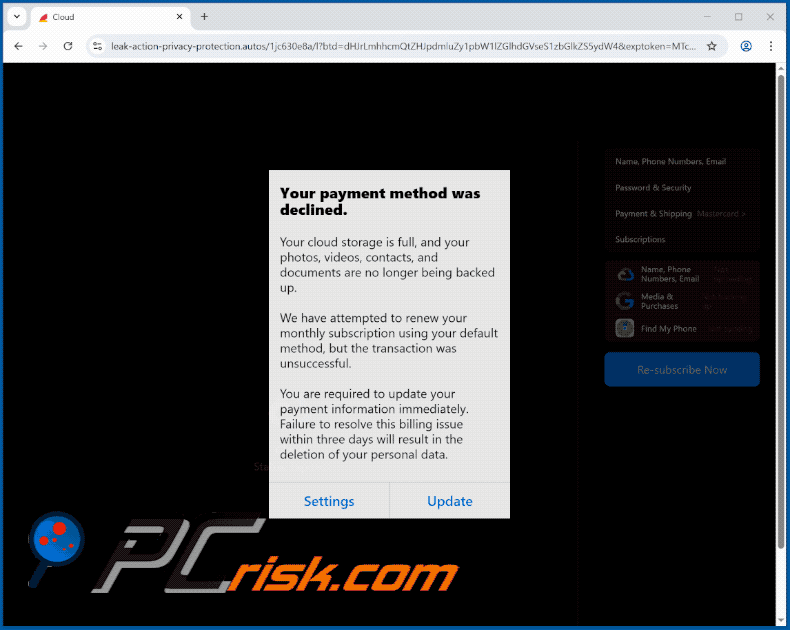 iCloud Payment Method Declined scam e-mail promootte het uiterlijk van de site (GIF)