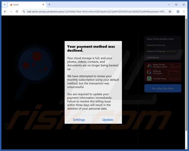 iCloud Payment Method Declined frauduleuze e-mail promootte phishing website