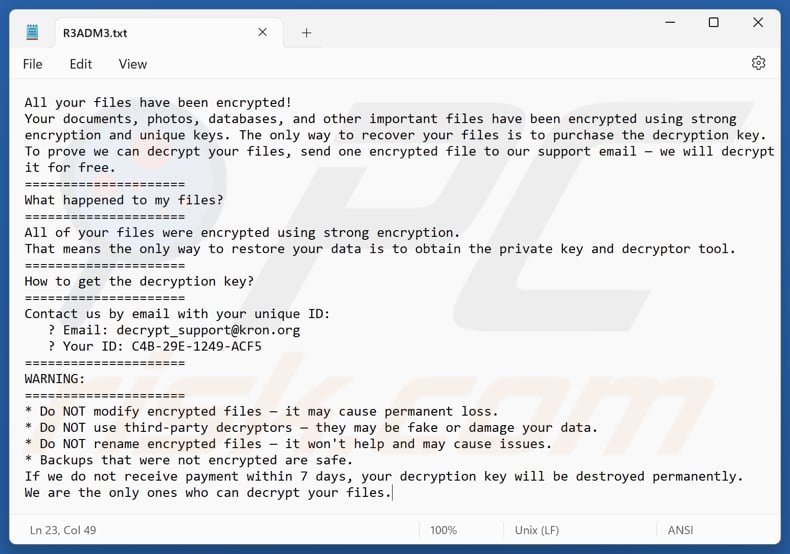 Kron ransomware tekstbestand (R3ADM3.txt)
