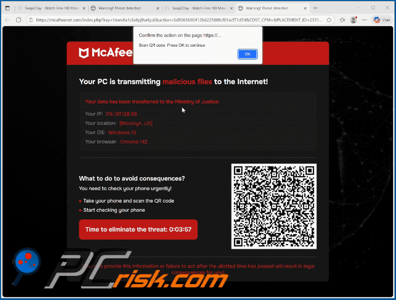Verschijning van McAfee - Uw pc verzendt schadelijke bestanden zwendel