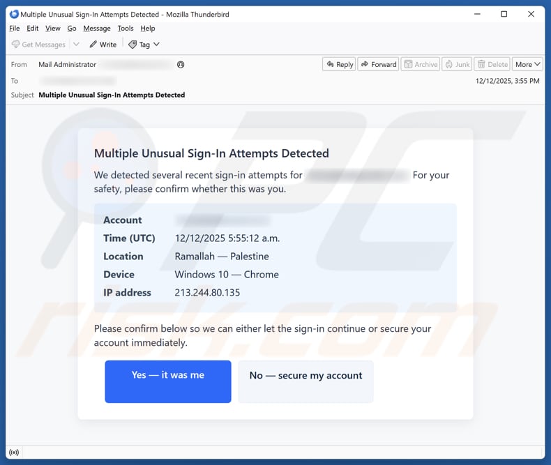 Multiple Unusual Sign-In Attempts Detected e-mailspamcampagne
