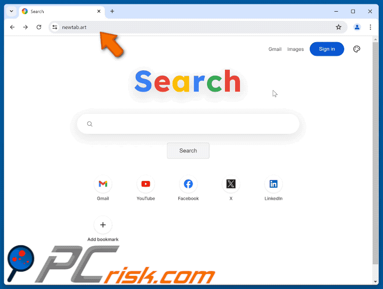newtab.art wordt doorgestuurd naar Google (GIF)