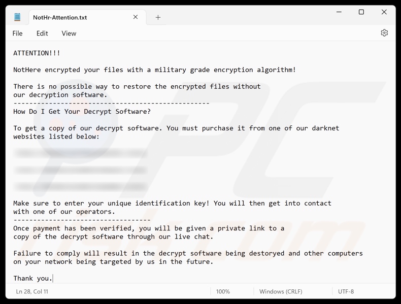 NotHere ransomware losgeldbrief (NotHr-Attention.txt)