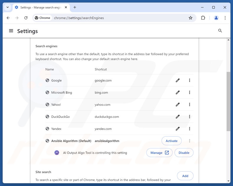 search.ansiblealgorithm.com verwijderen uit de standaardzoekmachine van Google Chrome