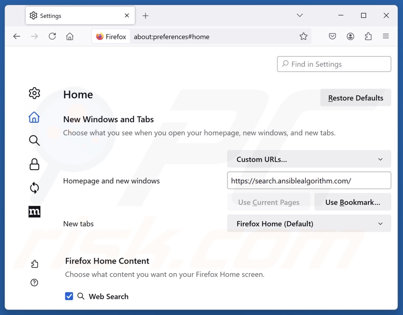 search.ansiblealgorithm.com verwijderen van de startpagina van Mozilla Firefox