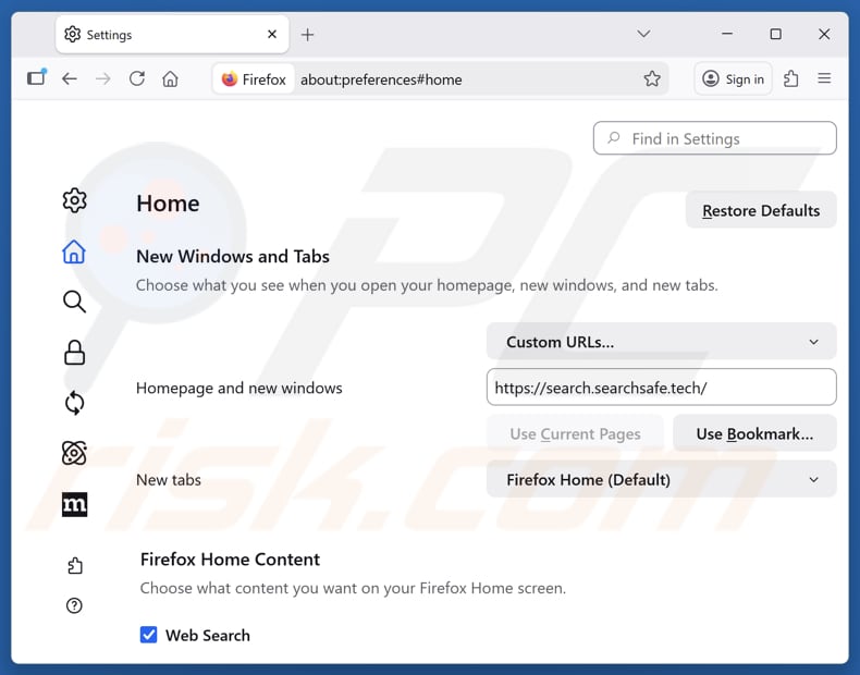 Verwijderen van search.searchsafe.tech uit Mozilla Firefox-startpagina