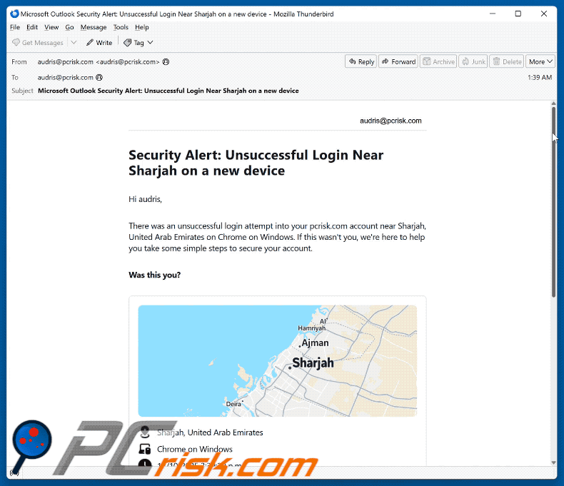Security Alert: Unsuccessful Login On A New Device uiterlijk van een scam-e-mail (GIF)