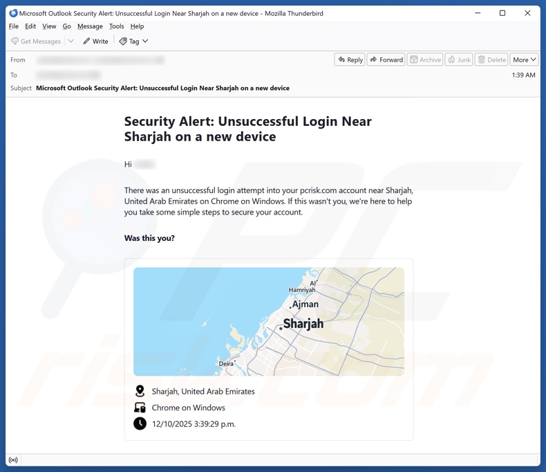 Security Alert: Unsuccessful Login On A New Device email spam campagne
