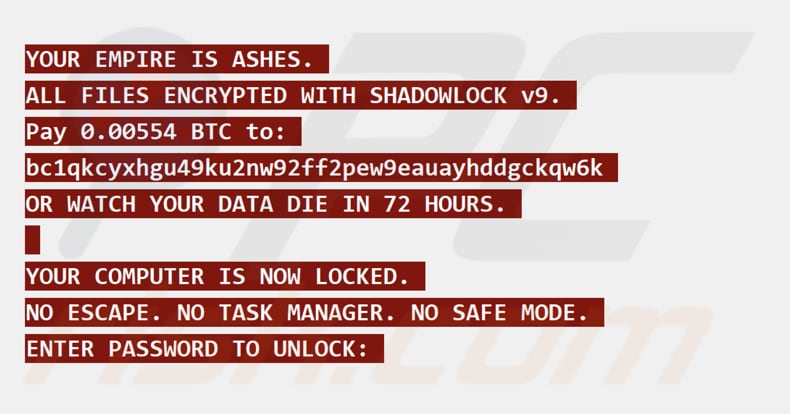 ShadowLock ransomware volledig scherm met losgeldbrief