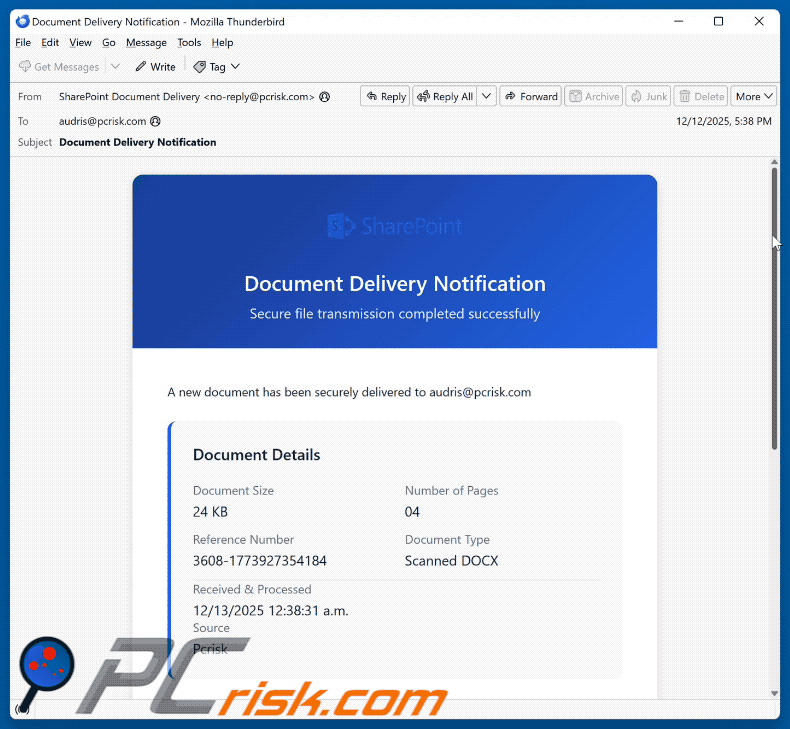 SharePoint Document Delivery Notification uiterlijk van een scam e-mail (GIF)