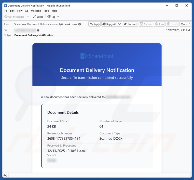 SharePoint Document Delivery Notification email spam campagne