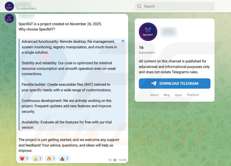 Telegram kanaal dat SpecRAT malware promoot