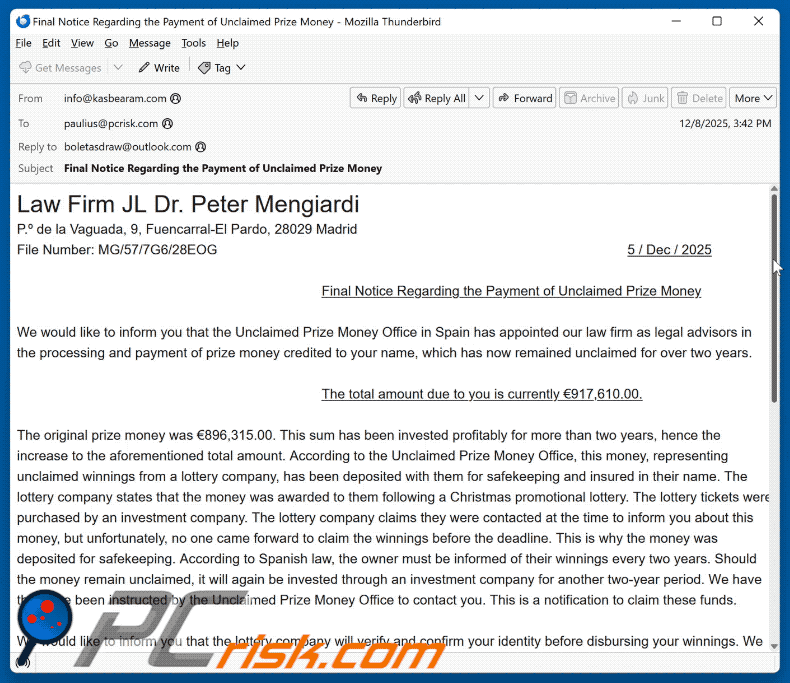Unclaimed Prize Money uiterlijk van een scam-e-mail (GIF)