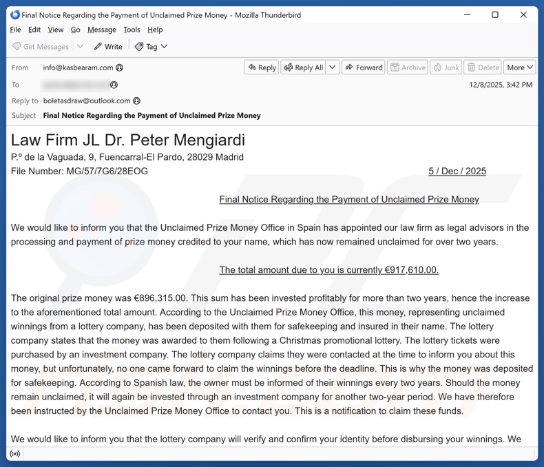 Unclaimed Prize Money email spam campagne