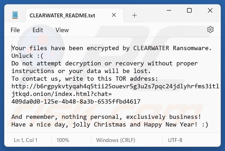 ClearWater ransomware tekstbestand (CLEARWATER_README.txt)