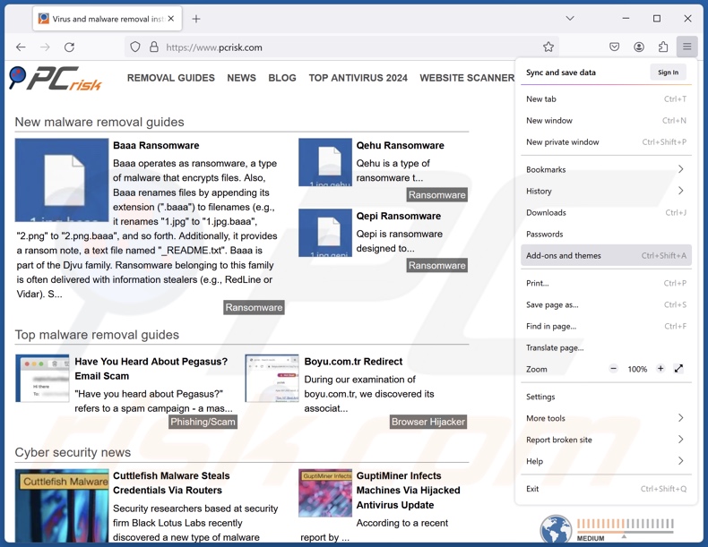 Frauduleuze extensies verwijderen uit Mozilla Firefox stap 1