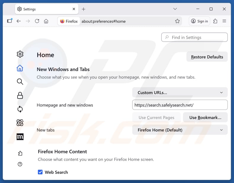 search.safelysearch.net verwijderen van de startpagina van Mozilla Firefox