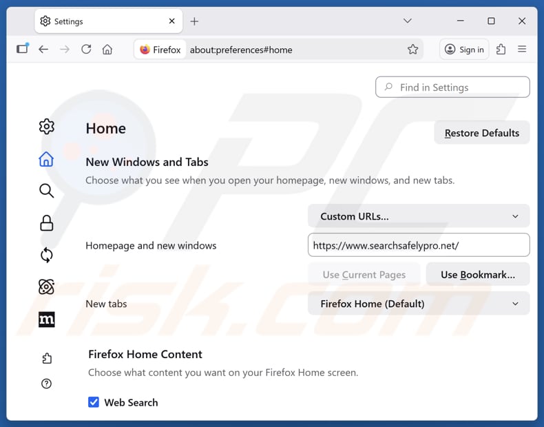 Searchsafelypro.net verwijderen van de startpagina van Mozilla Firefox