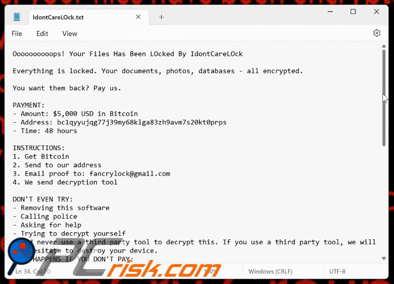 IdontCareLOck Ransomware losgeldbrief (IdontCareLOck.txt)