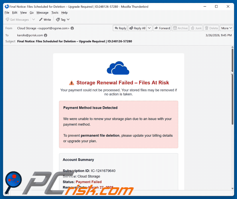 Cloud Storage Renewal Failed Email Oplichting uiterlijk