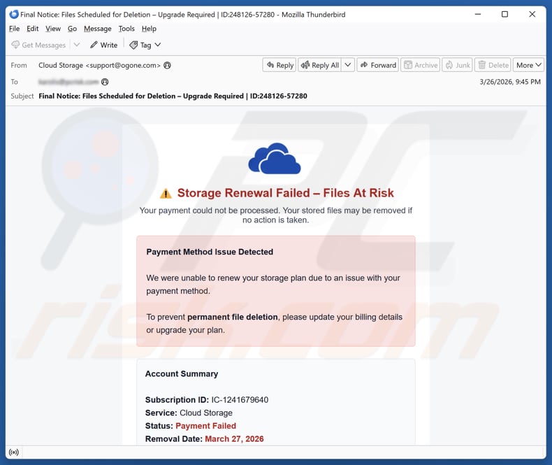 Cloud Storage Renewal Failed spamcampagne via e-mail