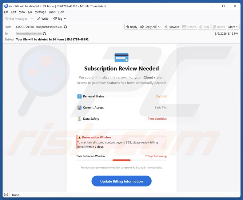 iCloud Subscription Review Needed spamcampagne via e-mail