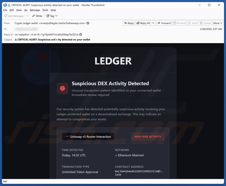 Ledger - Suspicious DEX Activity Detected spamcampagne via e-mail