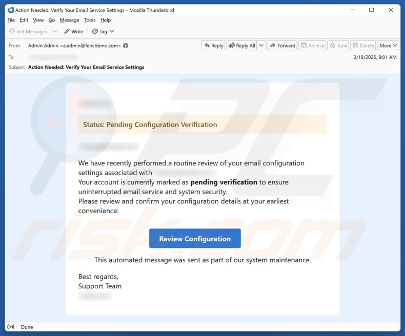 Pending Configuration Verification spamcampagne via e-mail