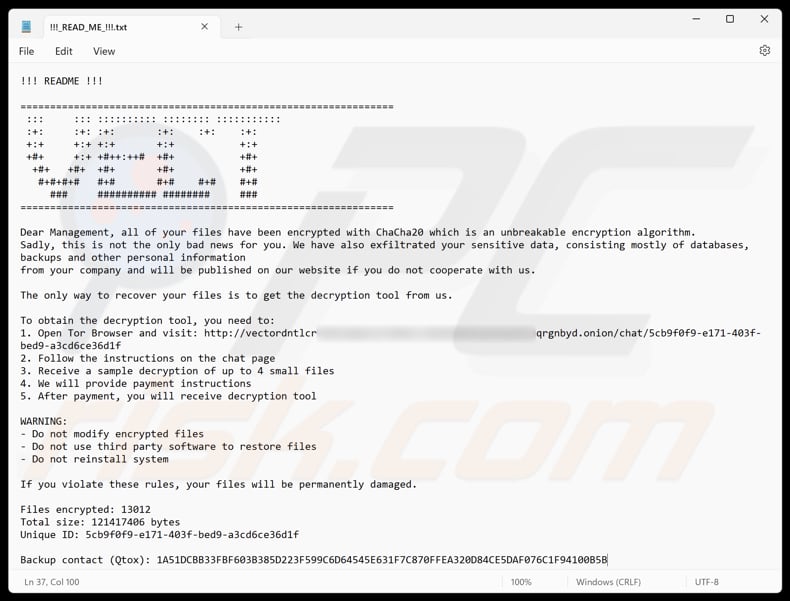 Vect ransomware tekstbestand (!!!_READ_ME_!!!.txt)
