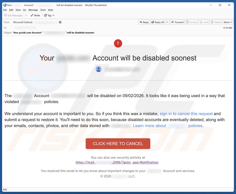 Your Account Will Be Disabled spamcampagne via e-mail