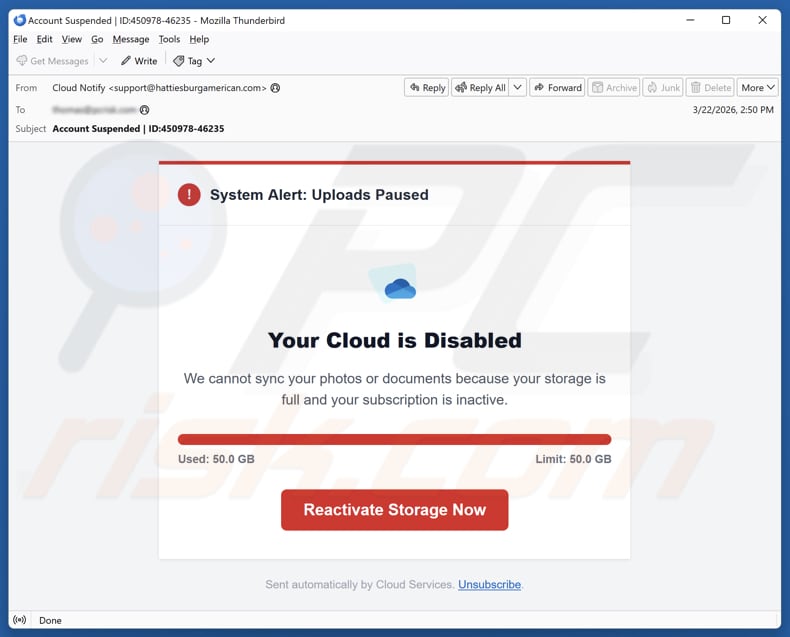 Your Cloud Is Disabled spamcampagne via e-mail