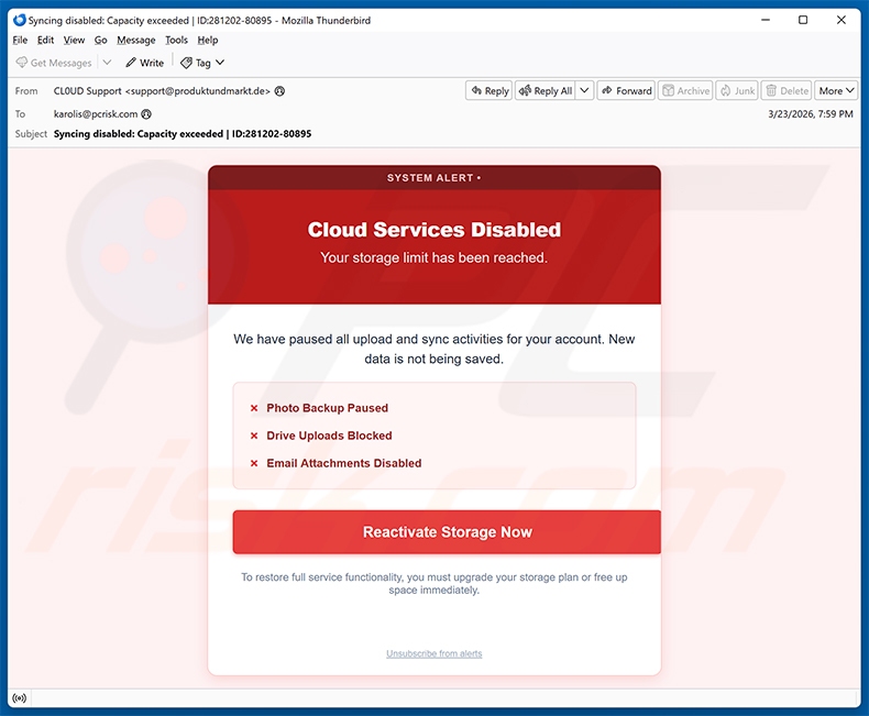 Your Cloud Is Disabled email oplichting (2026-03-24)