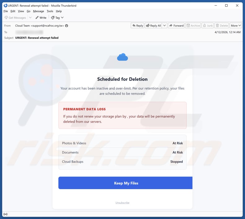 Cloud Account Scheduled For Deletion e-mailfraude spamcampagne