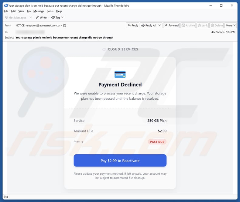 Cloud Services - Payment Declined e-mail spamcampagne
