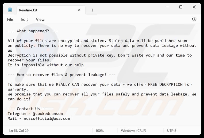 Cooked ransomware tekstbestand (Readme.txt)